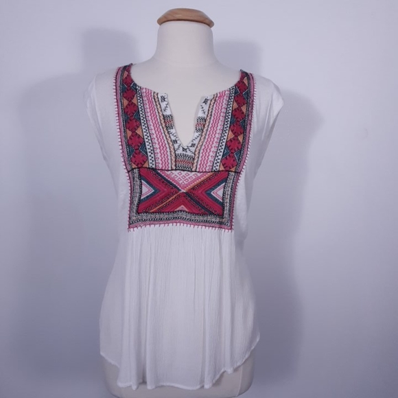 Lucky Brand Embroidered Boho Popover Tee Split V-Neck Cap Sleeve  Pink Medium - Picture 4 of 8